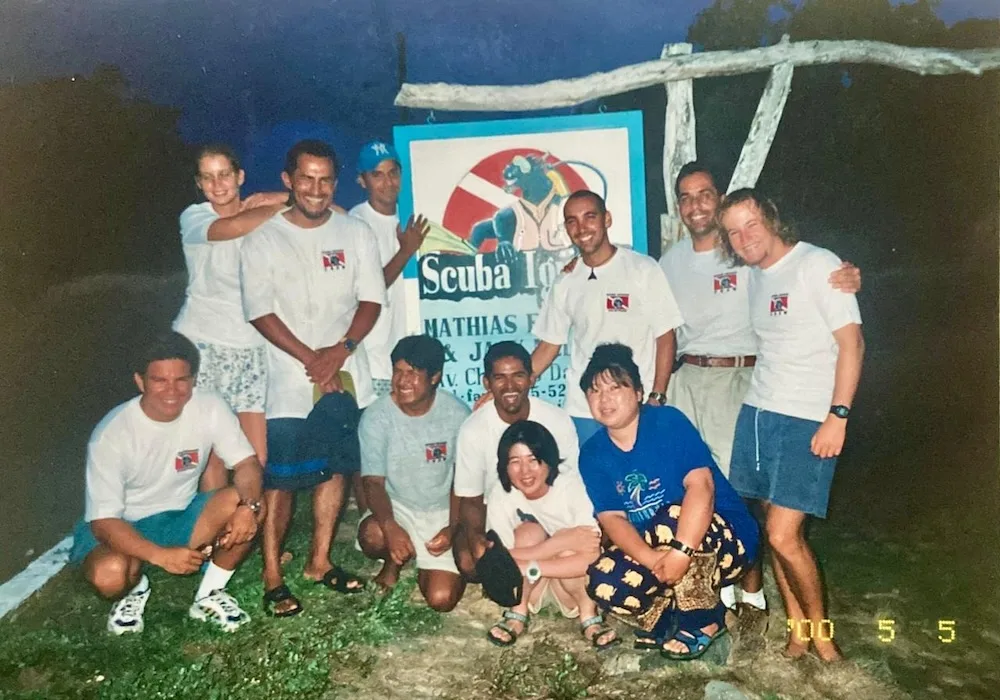 Mathias as a young man in Puerto Ayora with some of the early Scuba Iguana team